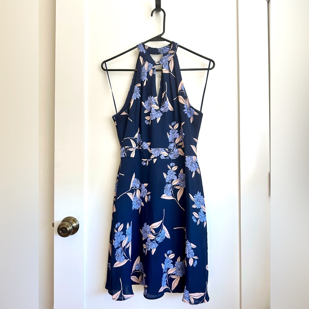 Blue Mini Dress With Flowers, Size 6, Express